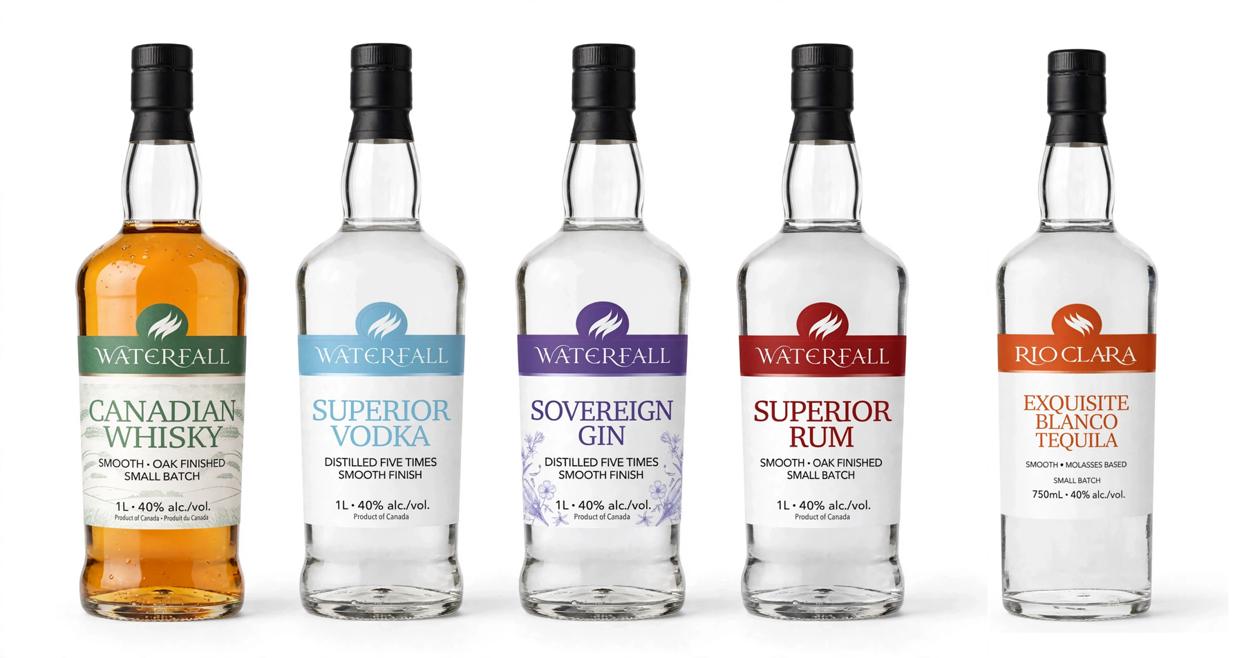 The Waterfall Distillers range: Superior Vodka, Canadian Whisky, Superior Rum, Sovereign Gin, and Rio Clara Blanco Tequila